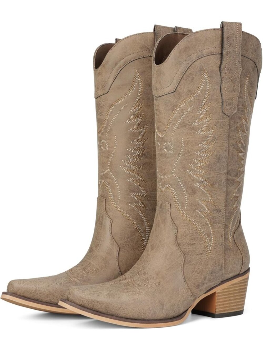 Women Light Brown Faux Leather Pointed Toe Cowboy Mid-Calf Chunky Heel